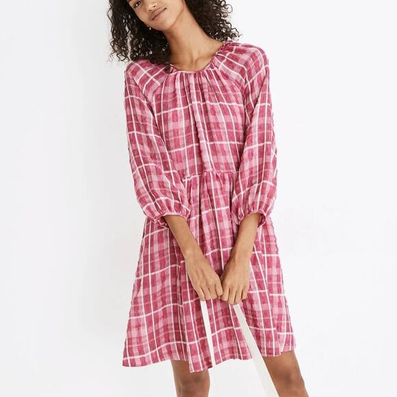 Madewell Azalea Pink & White Plaid Shirred Pockets Babydoll Summer Mini Dress - Picture 3 of 14